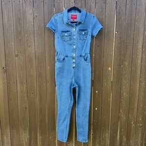 Guess Denim Jumpsuit Short Sleeve Button Front Size S Stretchy